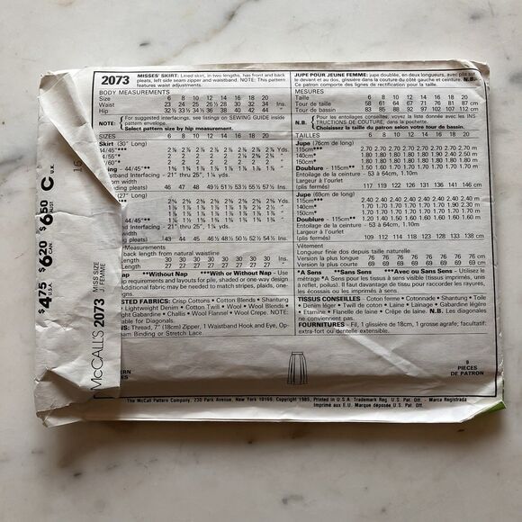 Vintage McCall's Pattern 2073 Women's Pleated Skirt Size 16 Business Pro Cut - Picture 2 of 5